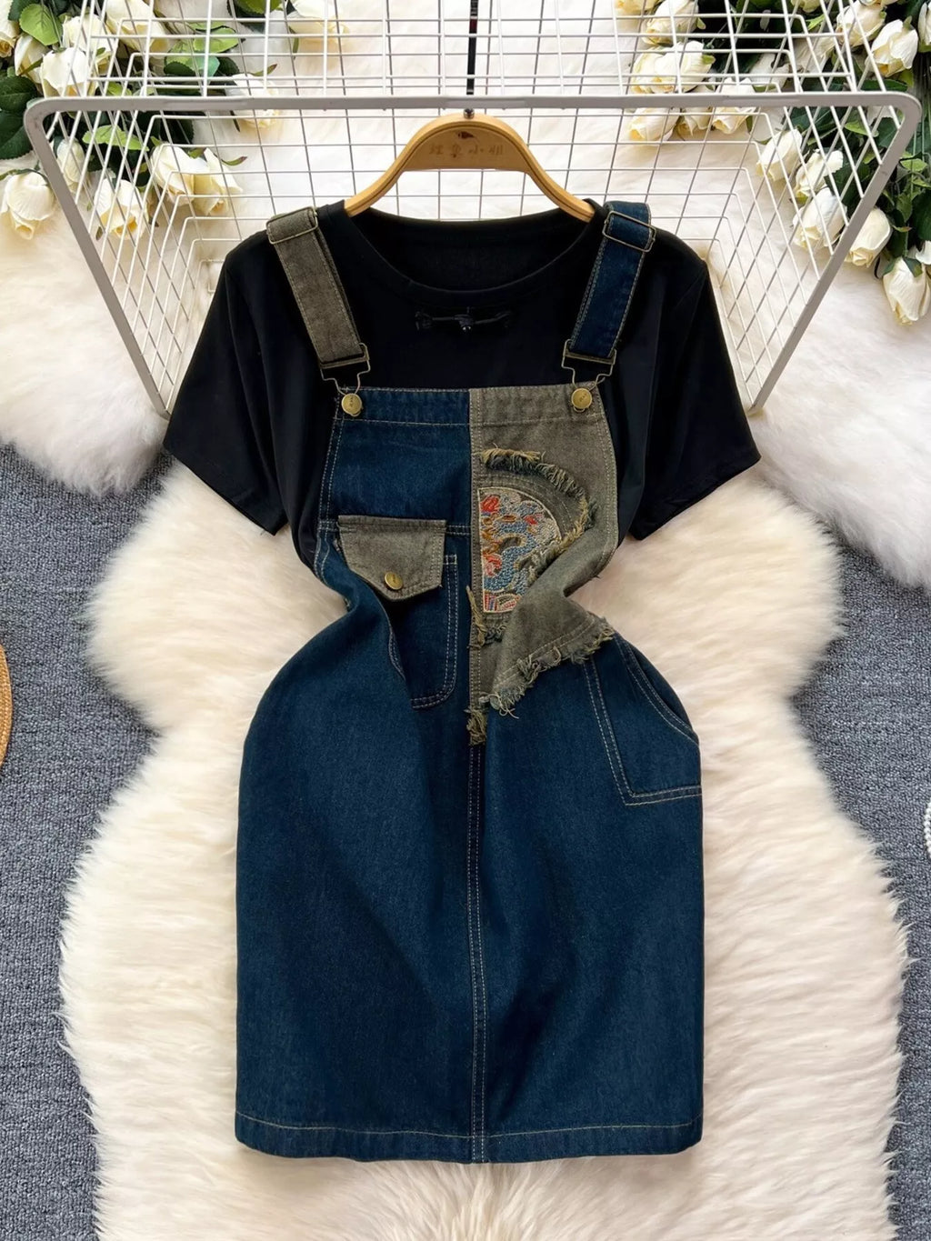 Short Sleeve T-Shirt and Denim Overall Dress Set
