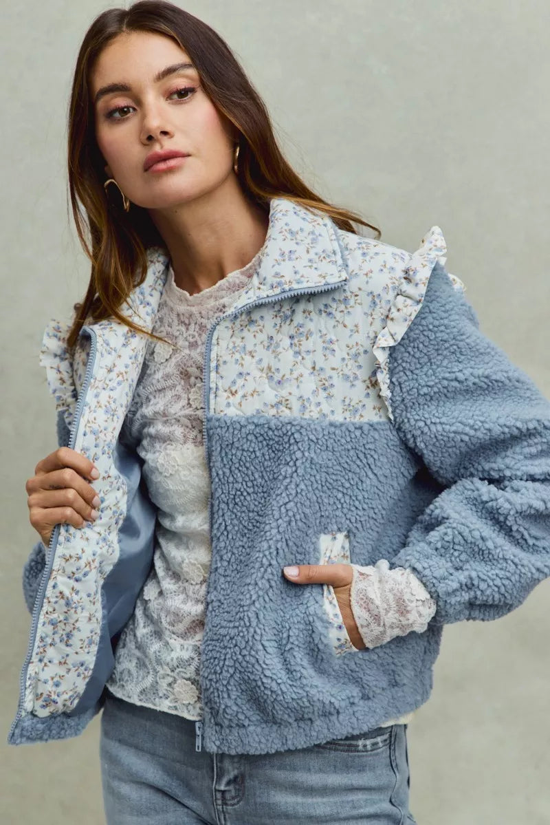 SO ME Faux Fur Sherpa Pull Jacket with Floral Contrast