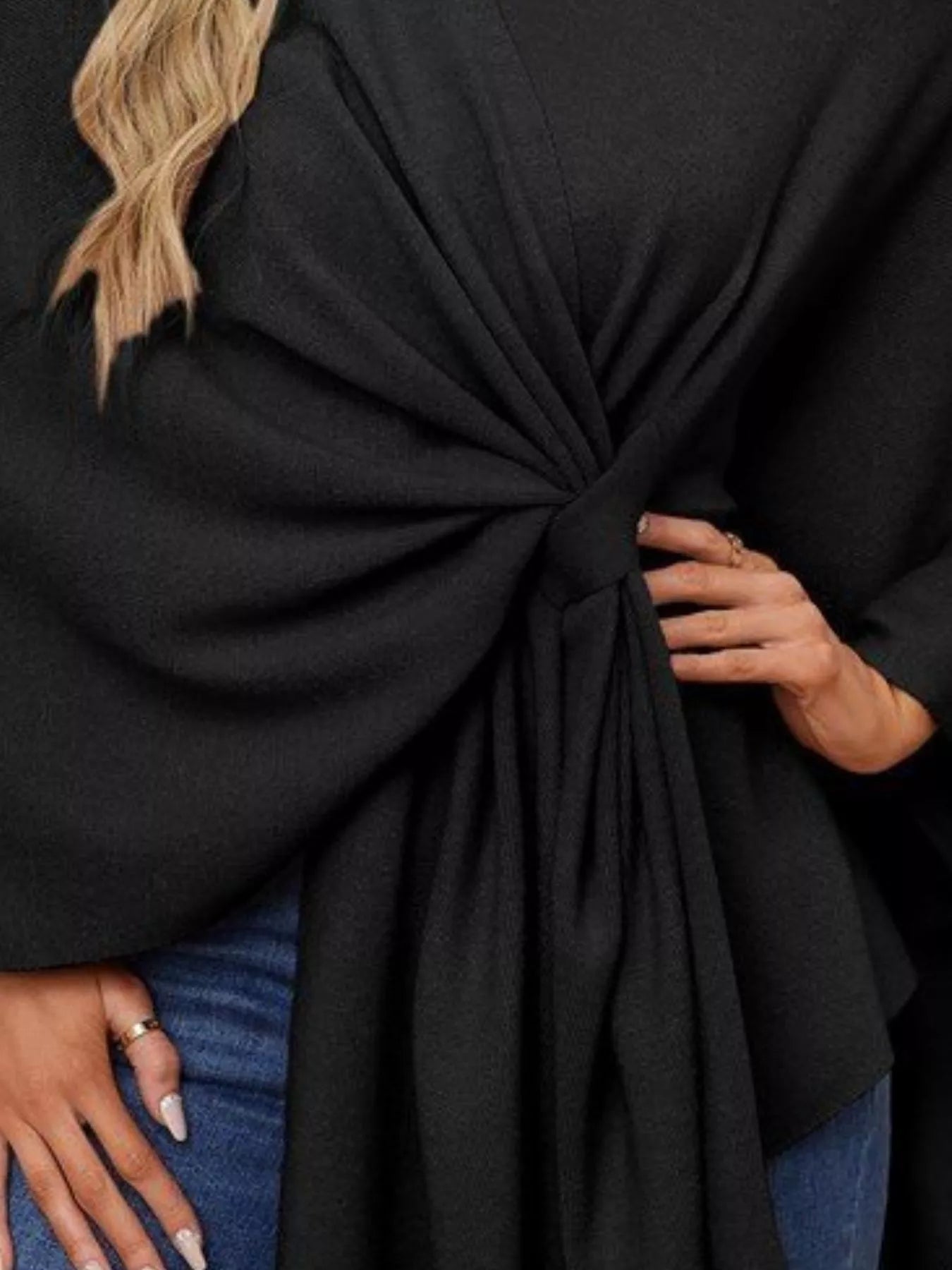 Solid Color Tie-Front Knit Cape Top