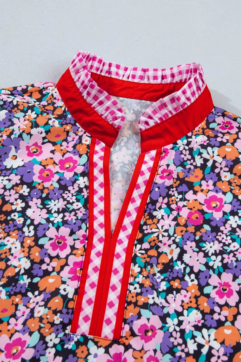 Ditsy Floral Print Plaid Colorblock Trim V Neck Blouse