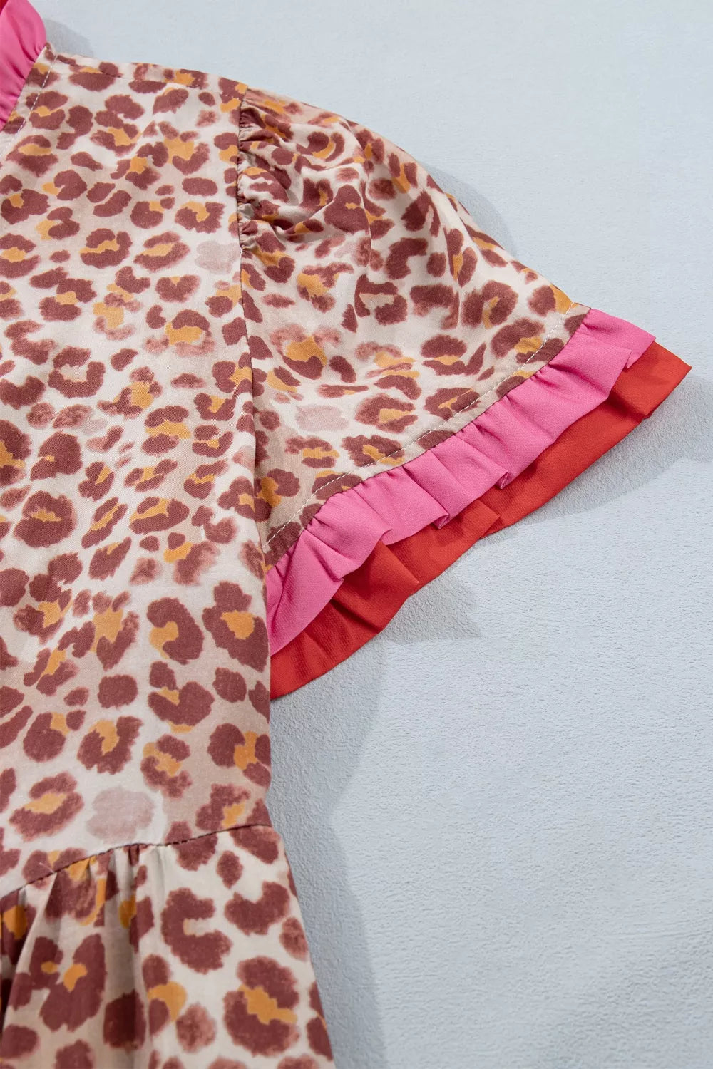 Leopard High Waist Ruffled Colorblock Trim Short Dress