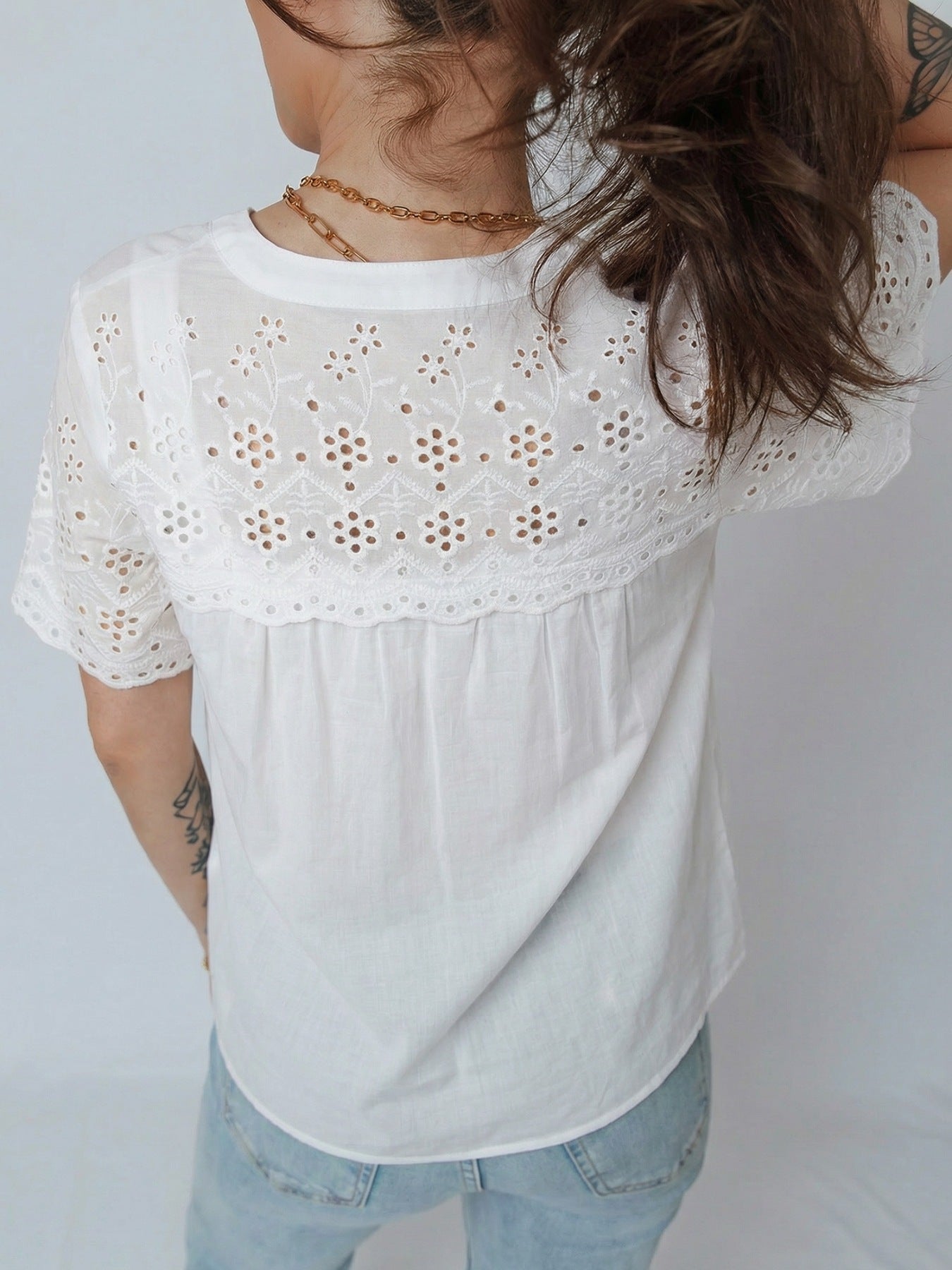 Flower Eyelet Embroidered Patchwork Sheer Short Sleeve Shirt