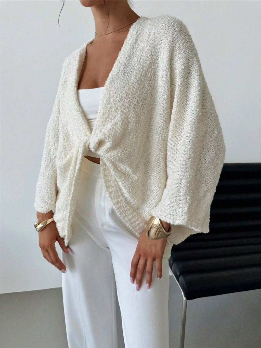 Twist-Front Textured Knit Cardigan