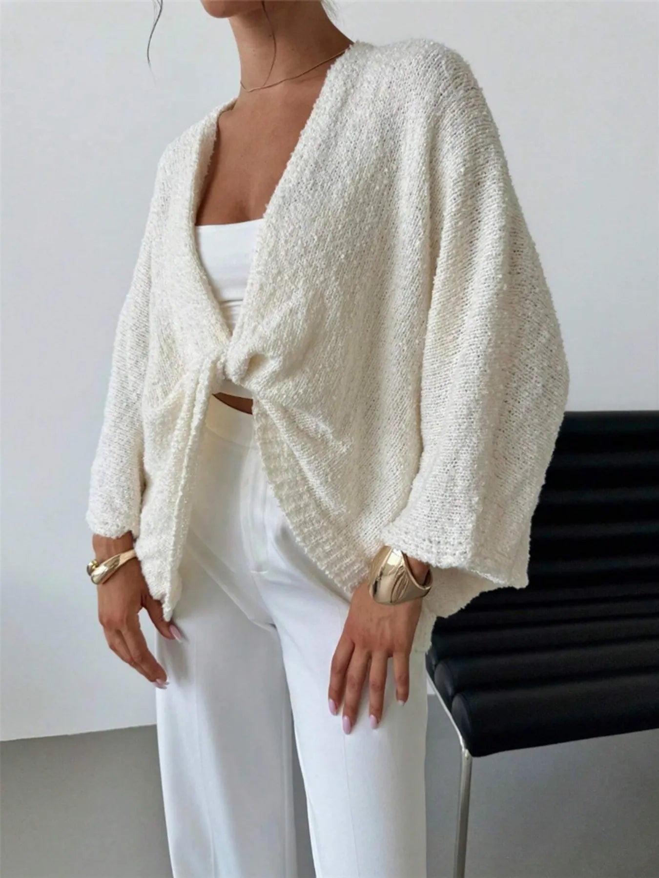 Twist-Front Textured Knit Cardigan