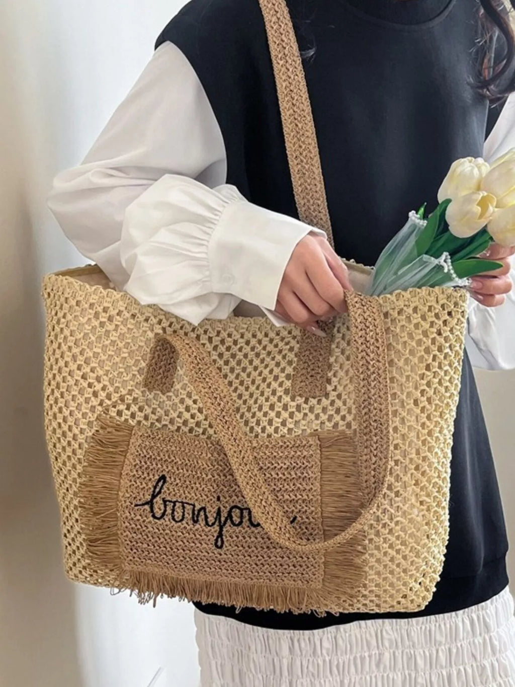Fringe Straw Shoulder Bag