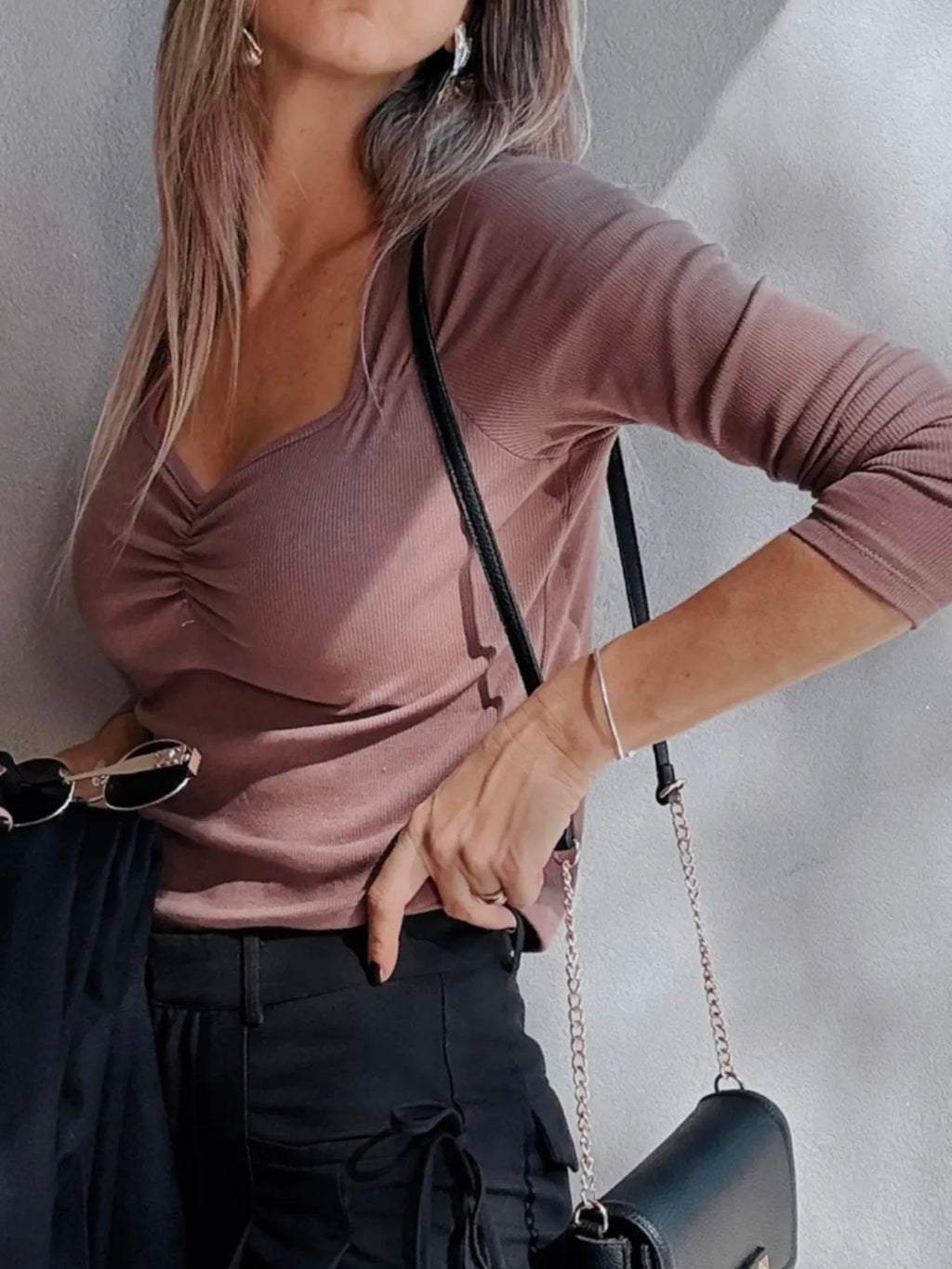 Ruched Front Long Sleeve T-Shirt