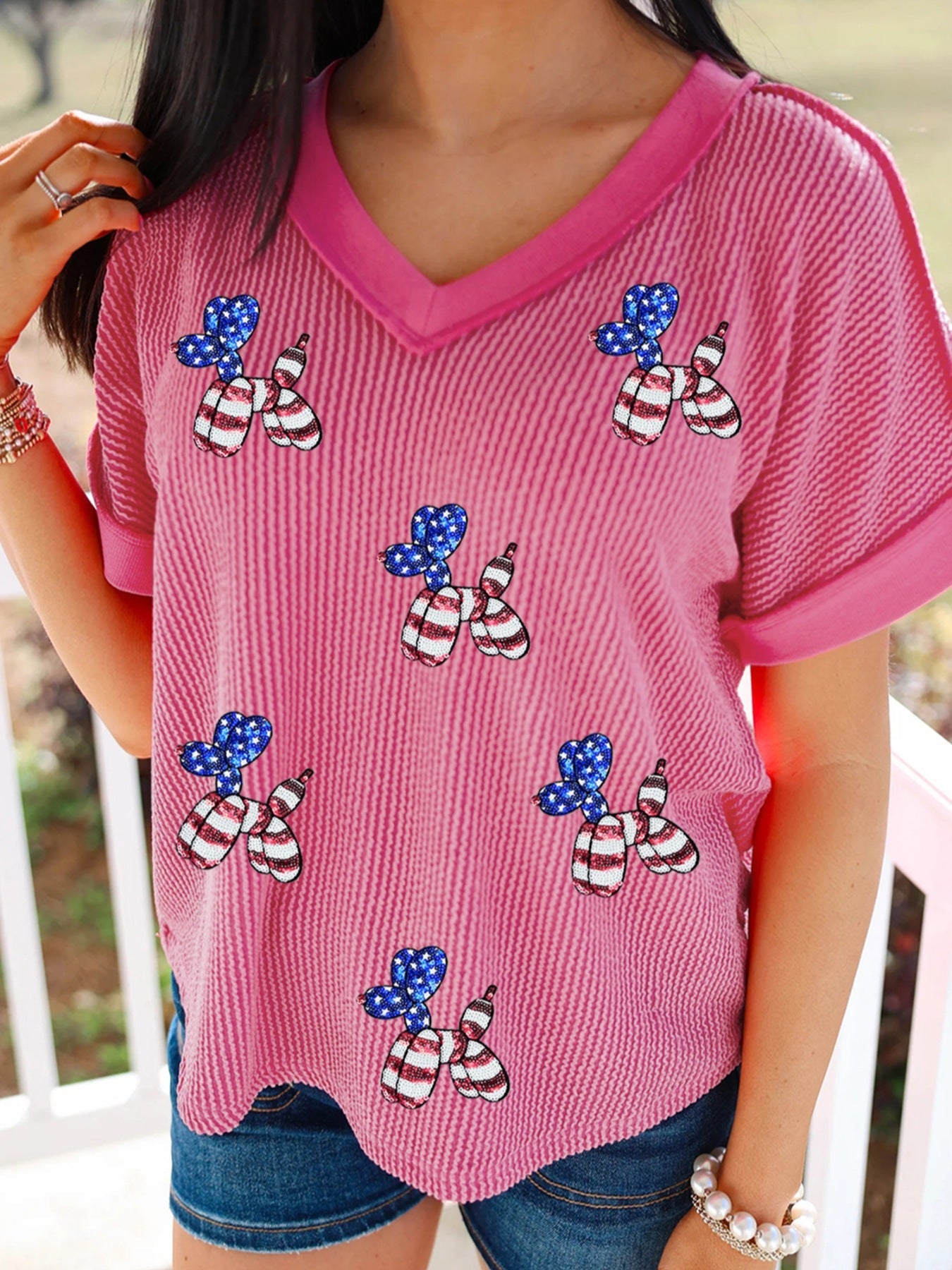 Twisted Rib Sequin Patriotic Balloon Dog V Neck Tee