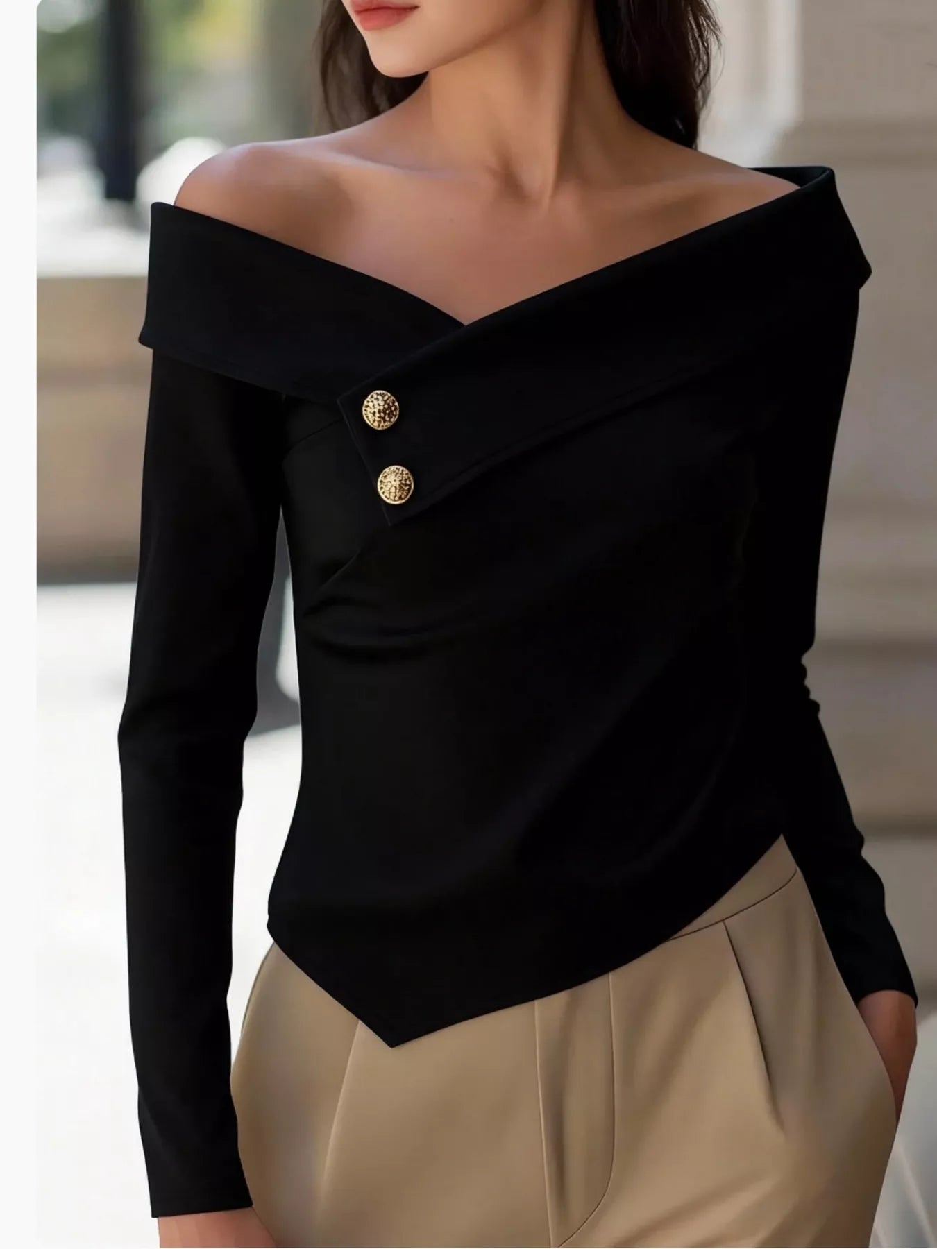 Off-Shoulder Button Decor Blouse