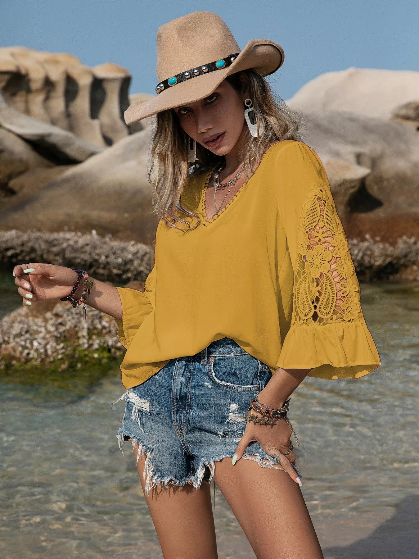 Plus Size Lace Sleeve V-Neck Blouse