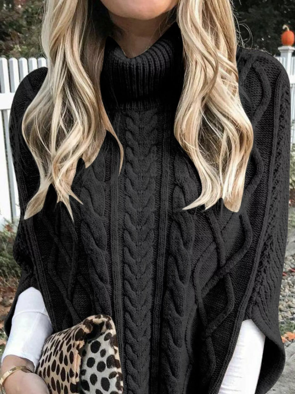 Chunky Cable Knit Turtleneck Poncho Cover Up