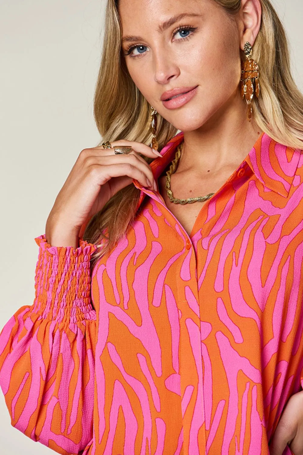Double Take Full Size Printed Smocked Long Sleeve Blouse Plus Size