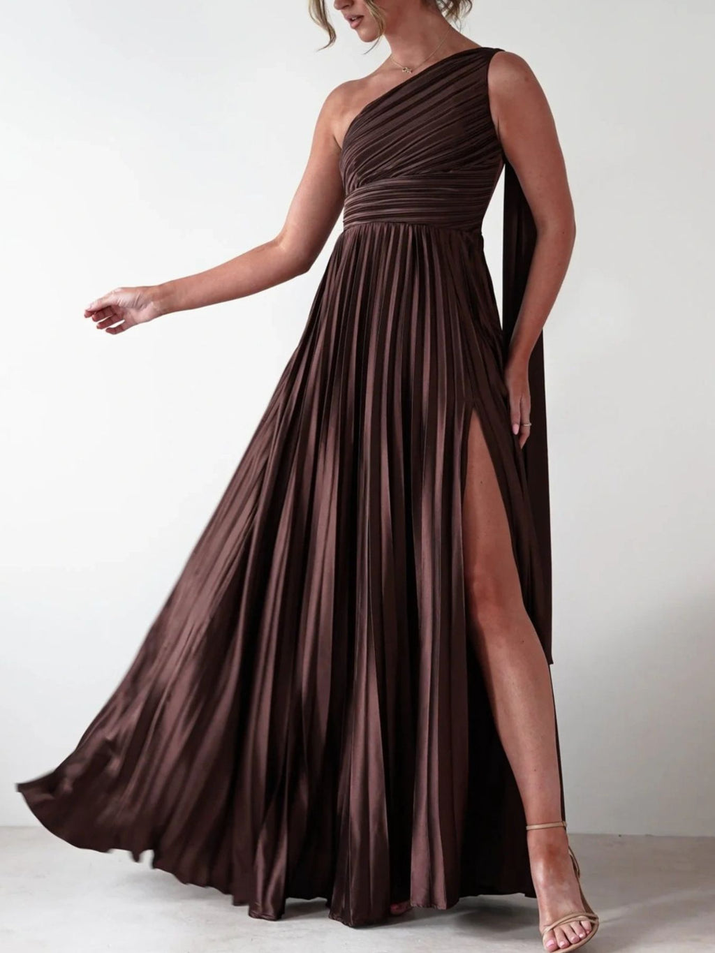One-Shoulder Pleated Slit Maxi Dress