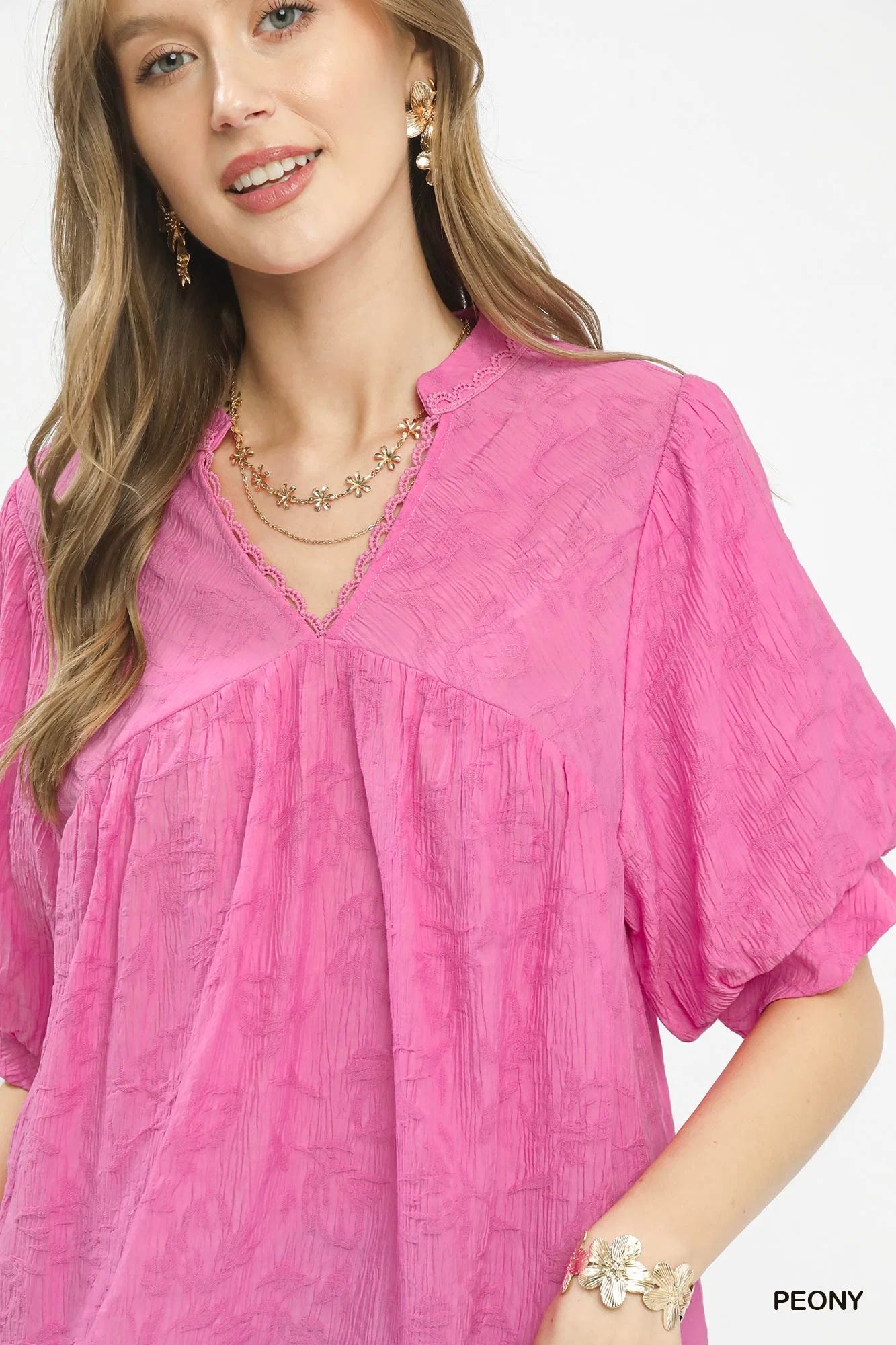 Umgee Textured Lace Trim V-Neck Boho Blouse