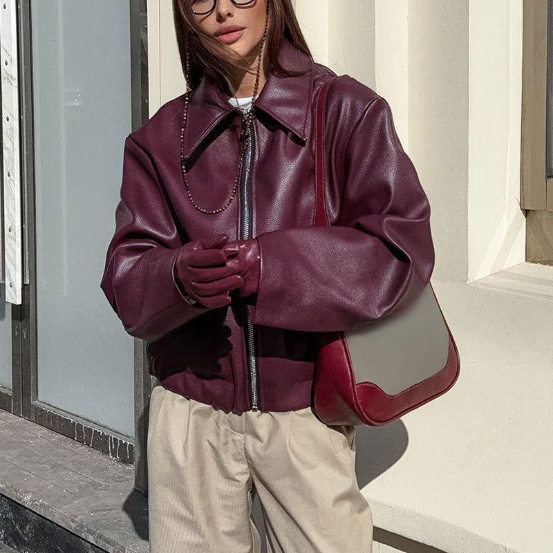 Vintage Style Women's Solid Color Faux Leather Jacket