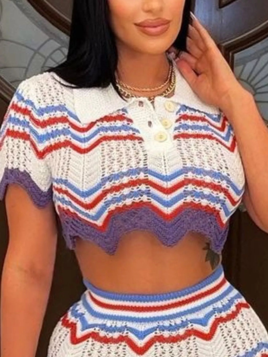 Chevron Knit Polo Crop Top and Mini Skirt Set