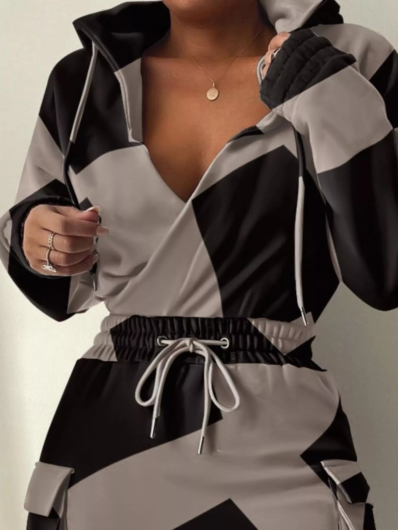 Full Size Drawstring Waist Surplice Printed Dress Plus Size