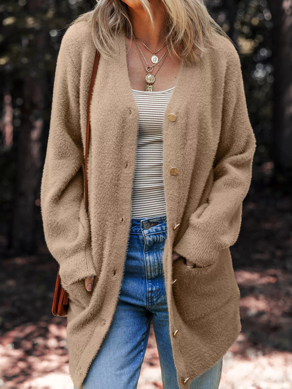 Fuzzy Buttoned Front Cardigan with Pockets