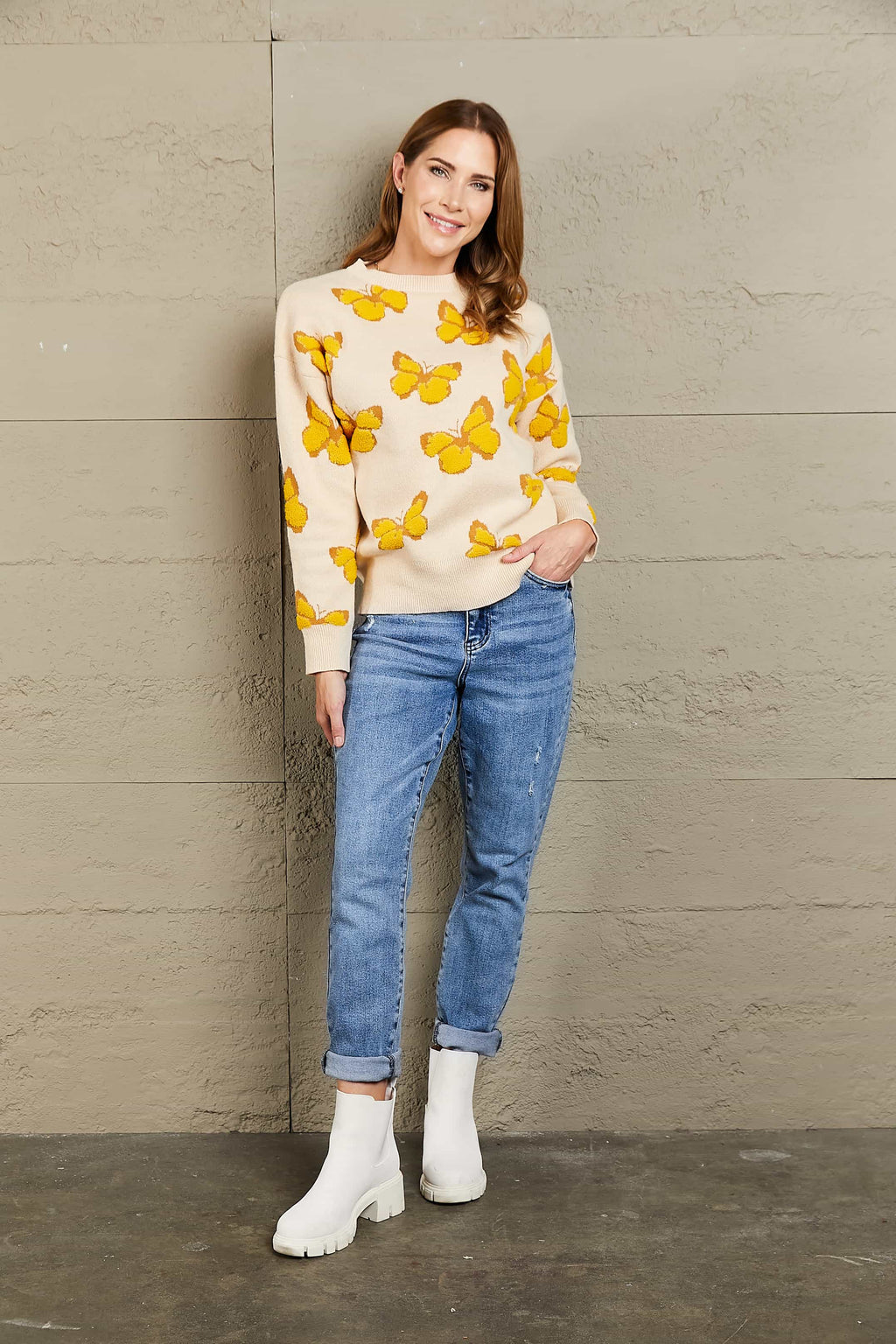 Butterfly Dropped Shoulder Crewneck Sweater