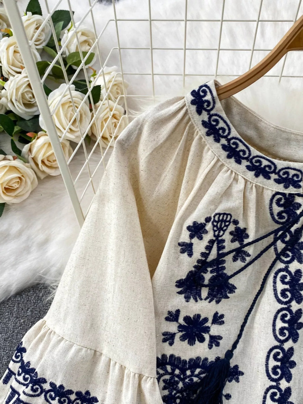 Embroidered Tie Neck Blouse
