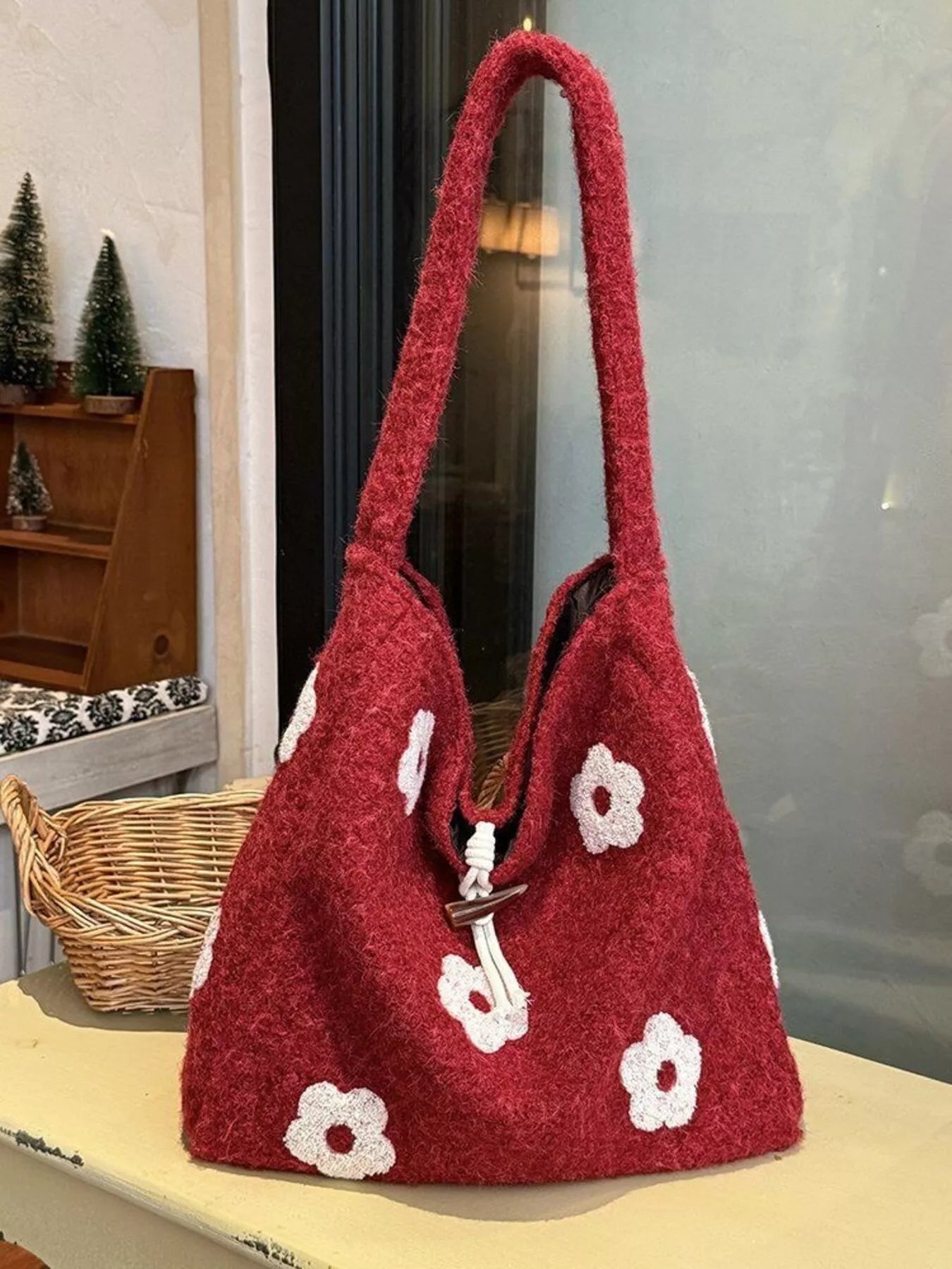 Floral Fuzzy Knit Tote Bag