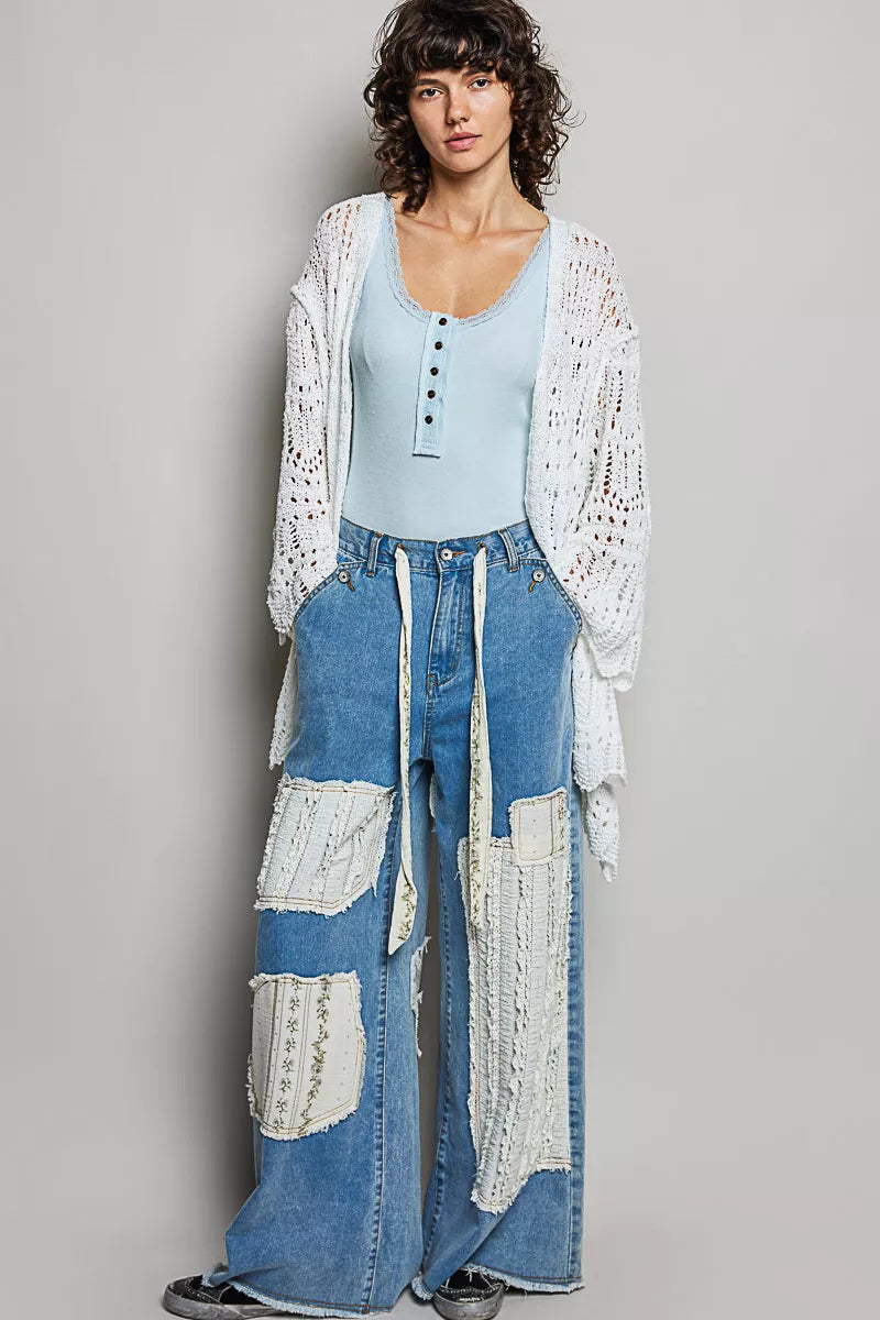 POL Openwork Lightweight Open Front Cardigan with Scalloped Edge