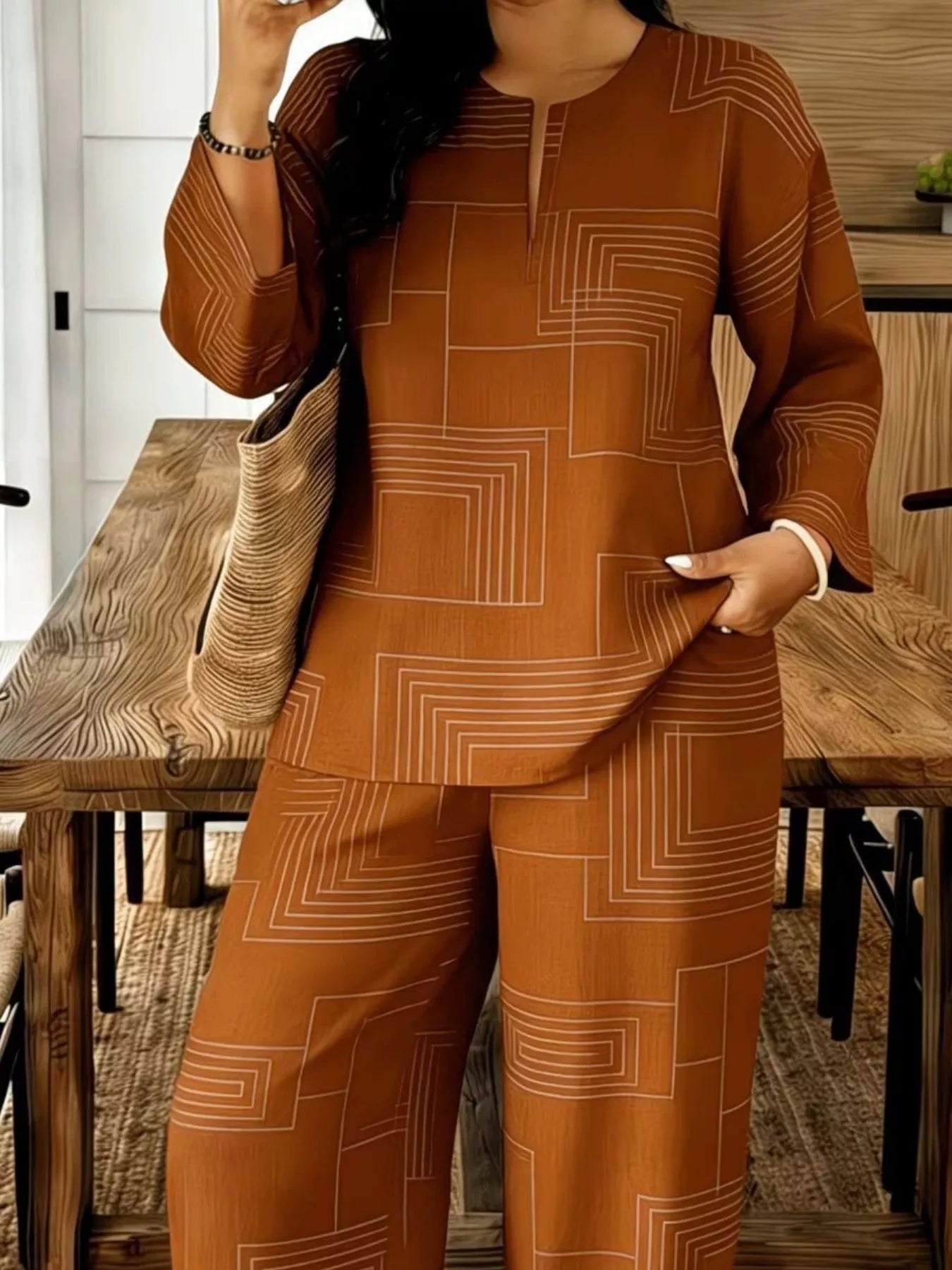 Geometric Print Relaxed Fit Top and Pants Set