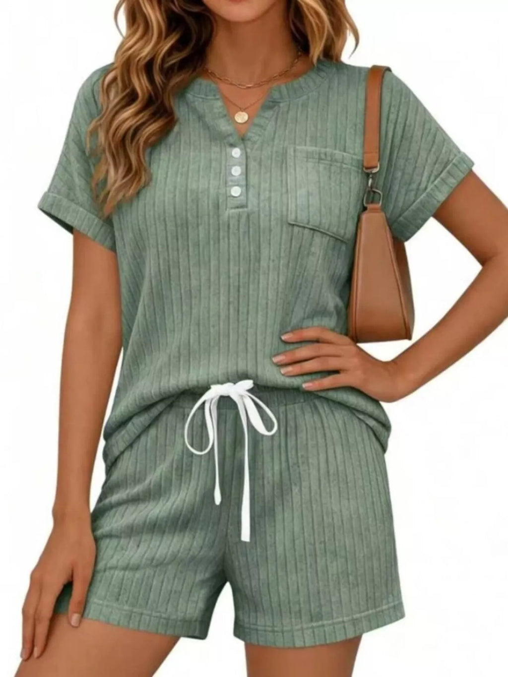 Casual Ribbed Knit Tee and Shorts Set