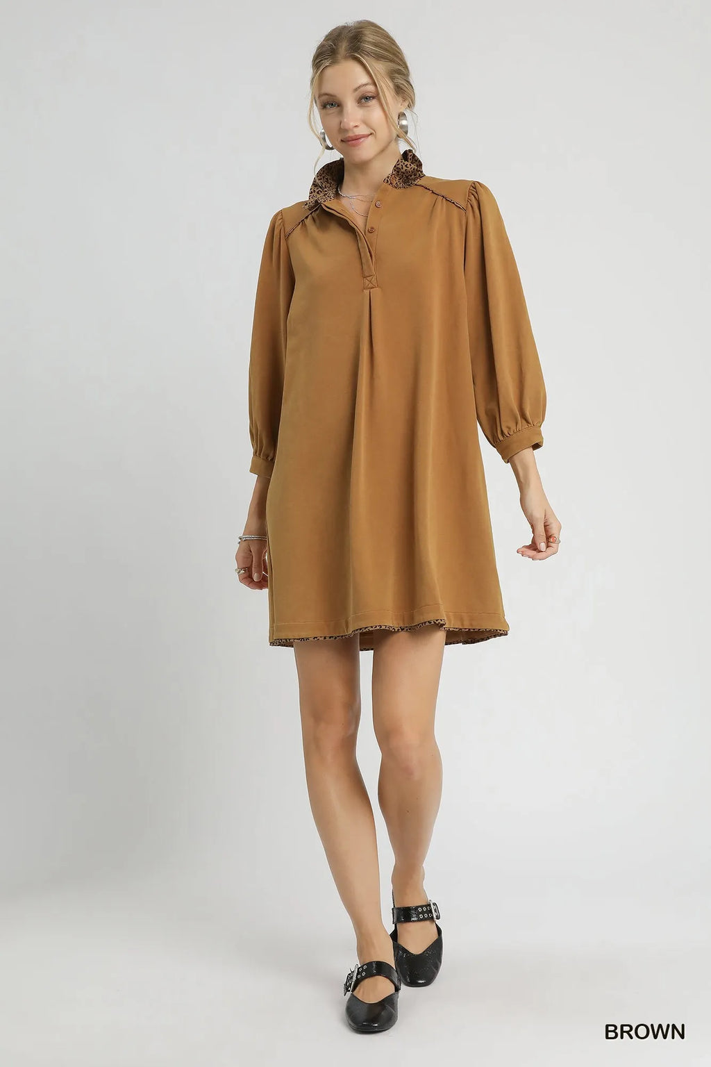 Umgee French Terry Balloon Sleeve Shift Dress with Leopard Print Detail