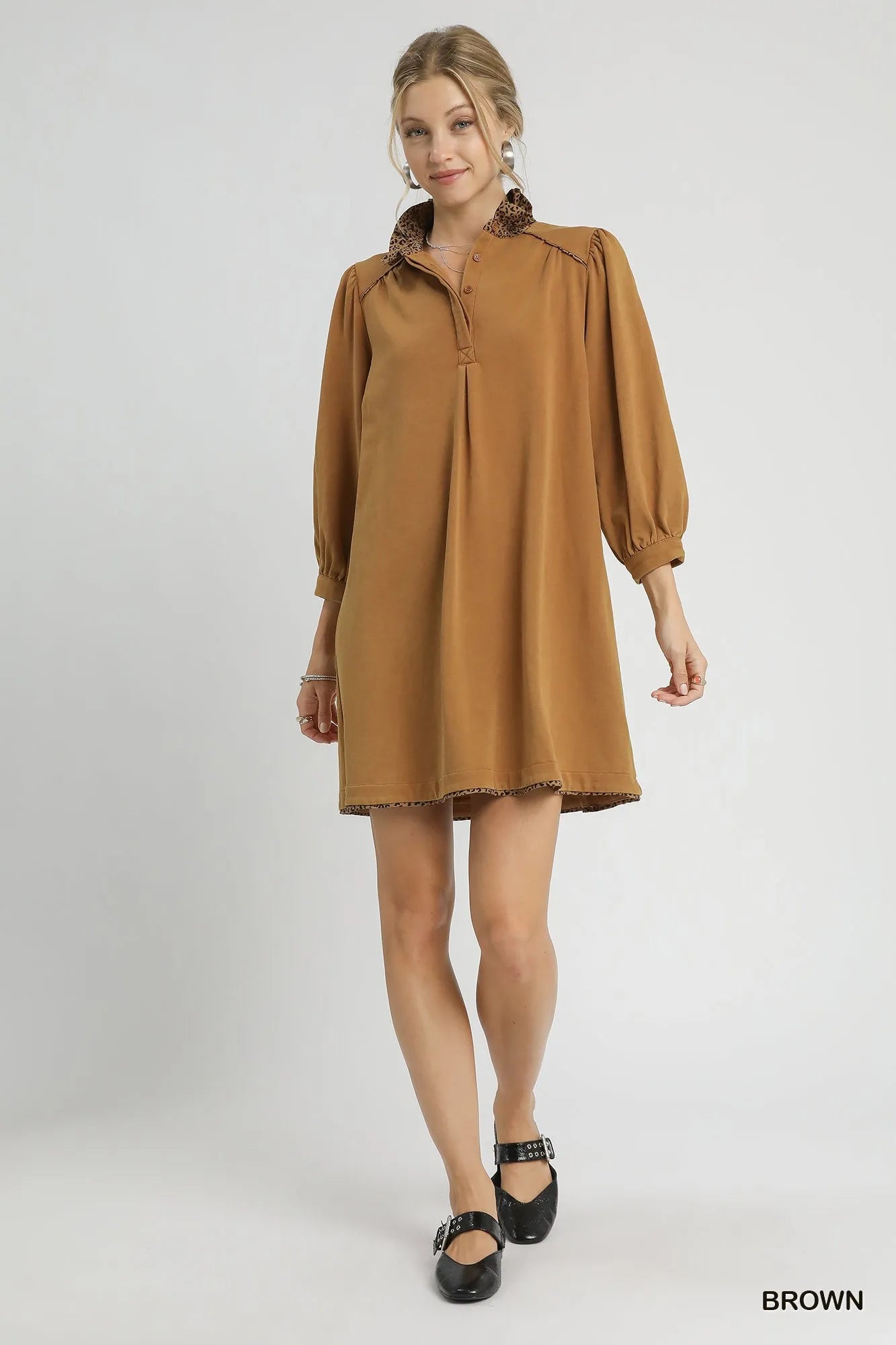 Umgee French Terry Balloon Sleeve Shift Dress with Leopard Print Detail