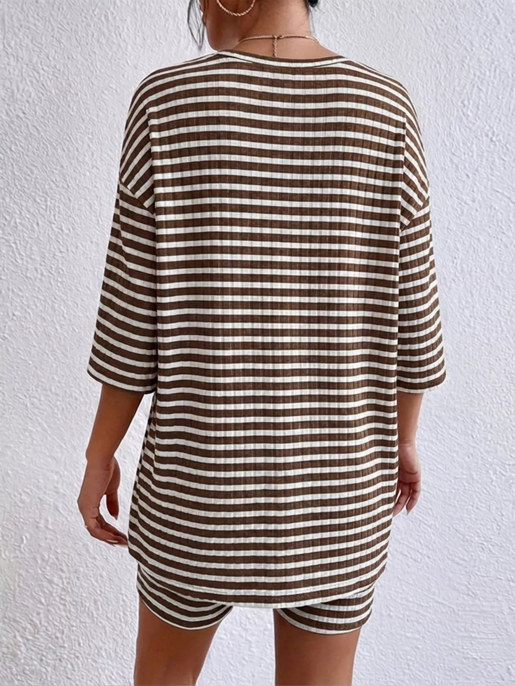 Striped Round Neck Top and Shorts Set