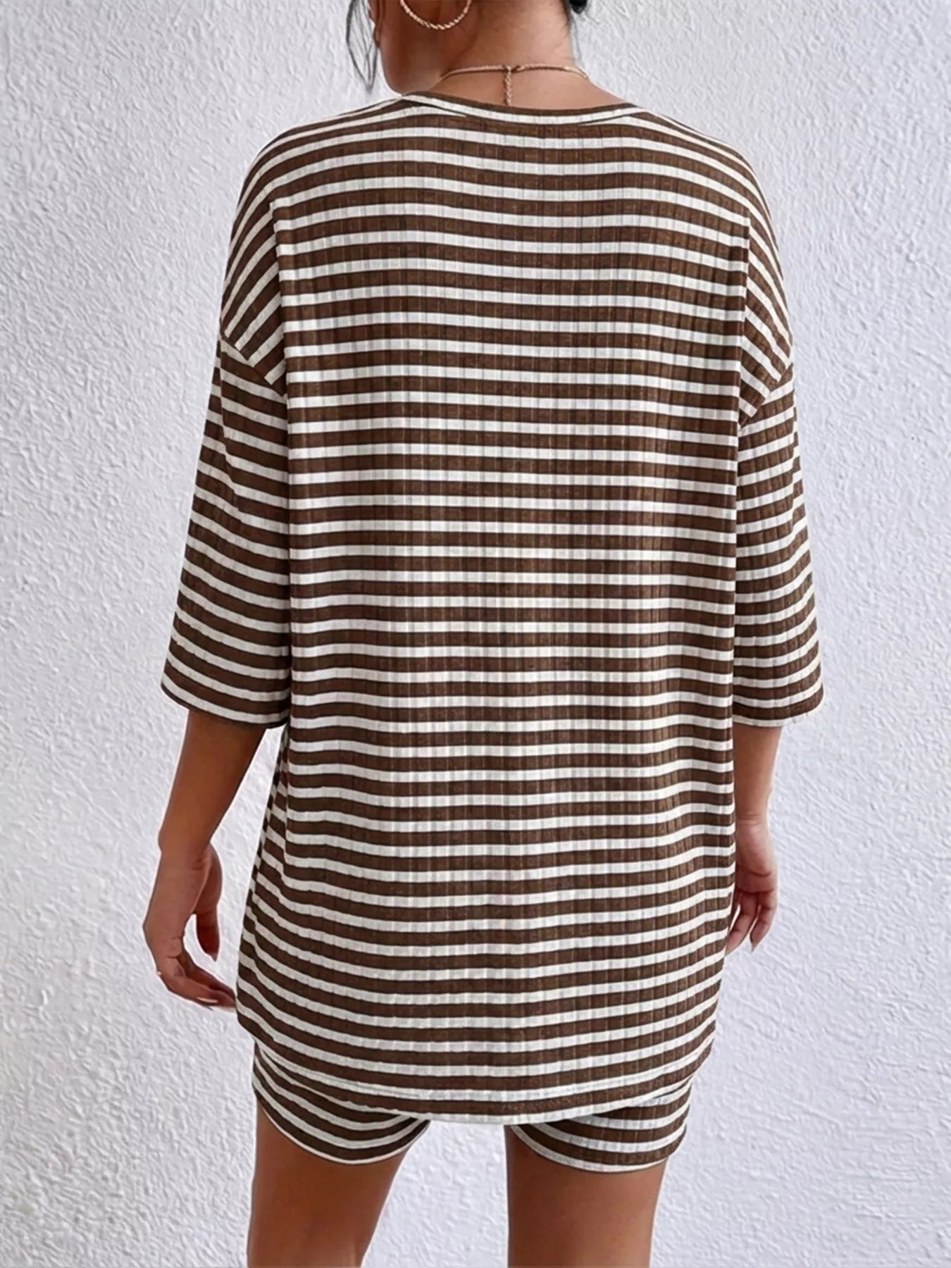 Striped Round Neck Top and Shorts Set