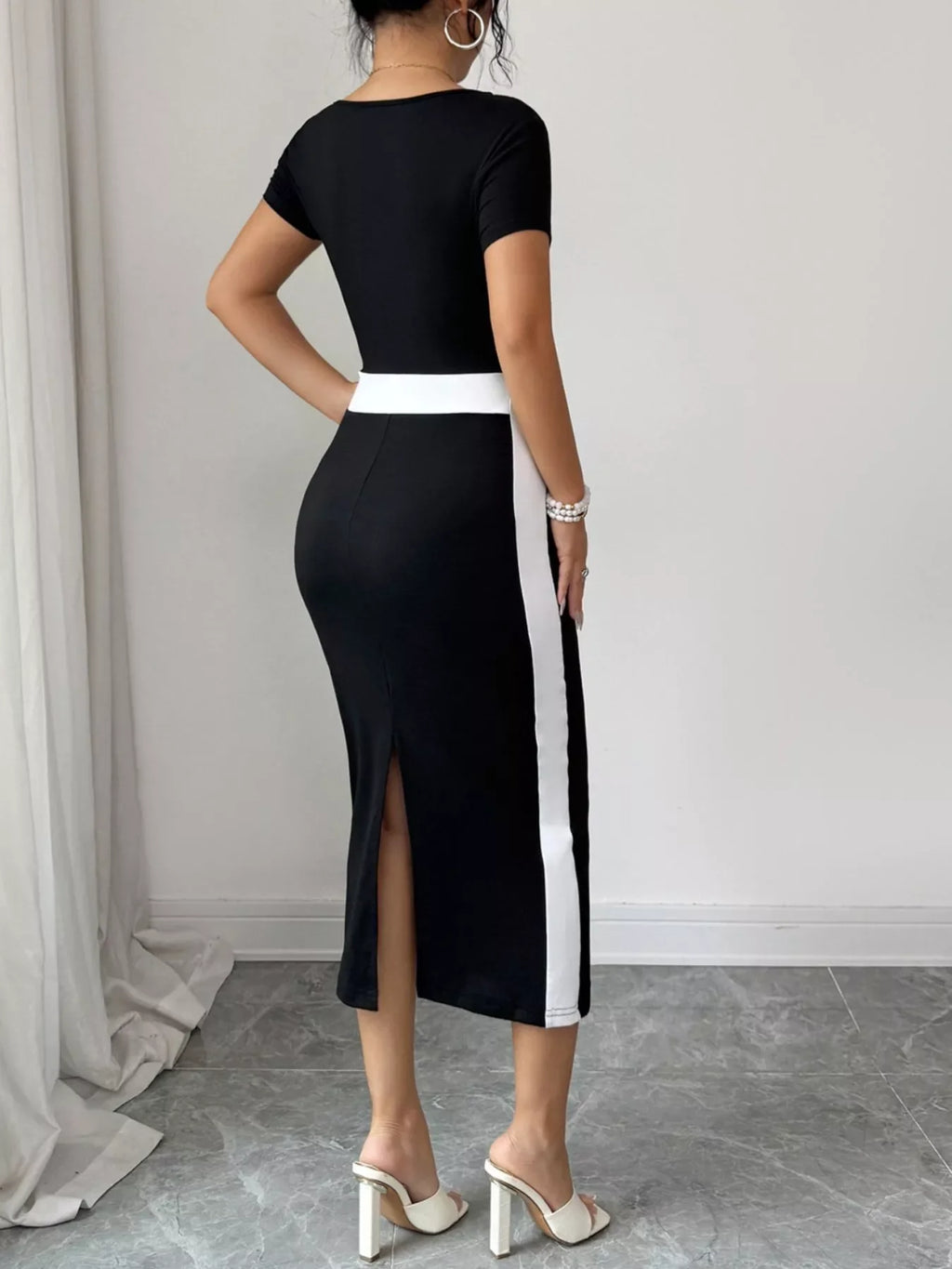 Asymmetrical Neck Short Sleeve Midi Dress