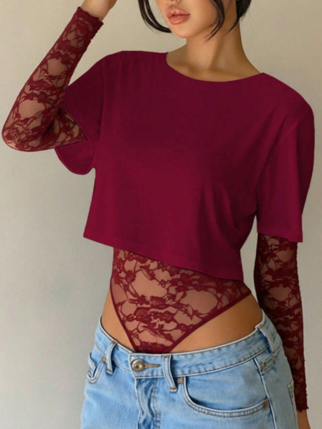 Lace Patchwork Round Neck Bodysuit