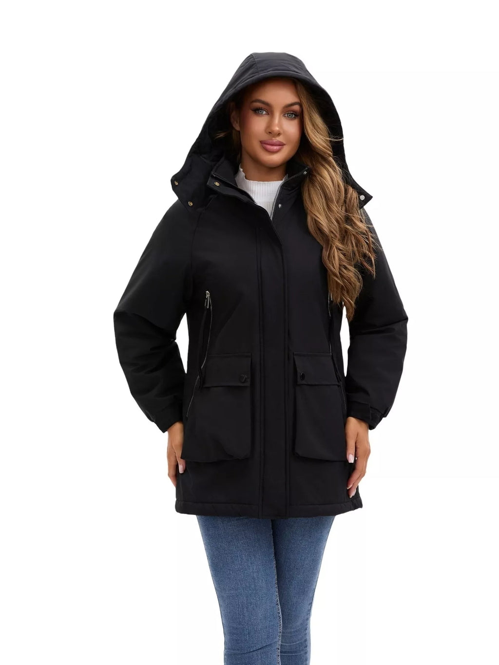 Full Size Zip Up Hooded Parka Outerwear Plus Size