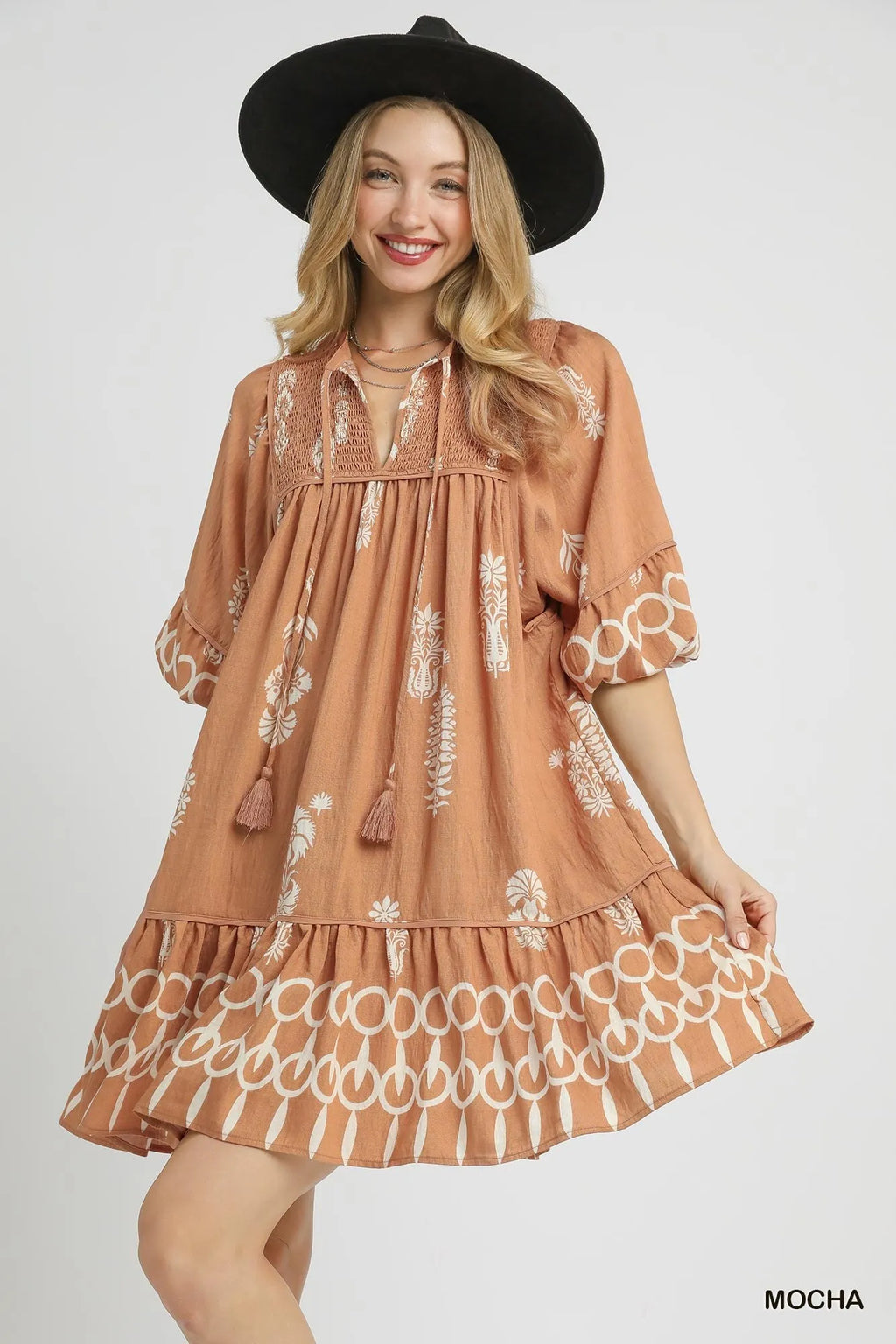 Umgee Boarder Print Tassel Tie Neck Mini Dress