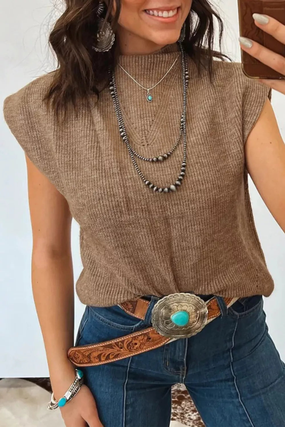 Solid Color Ribbed Knit Mock Neck Loose Sweater Vest