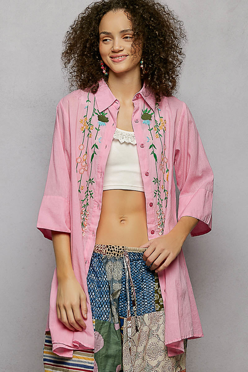 POL Floral Embroidered Half Sleeve Cotton Shirt