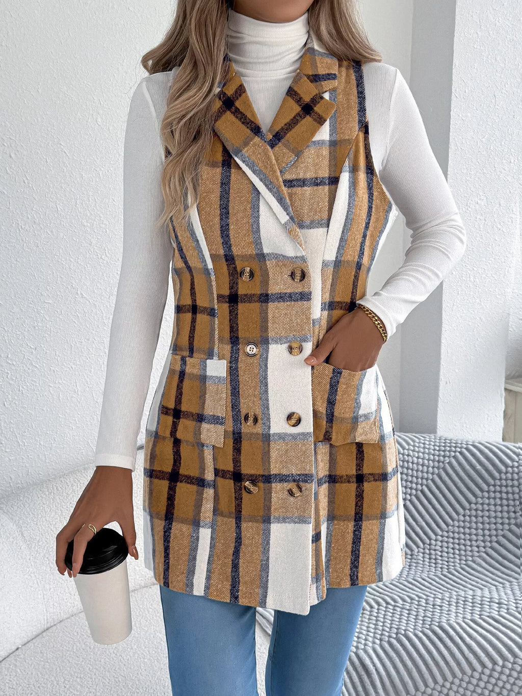 Plaid Double-Breasted Vest Coat