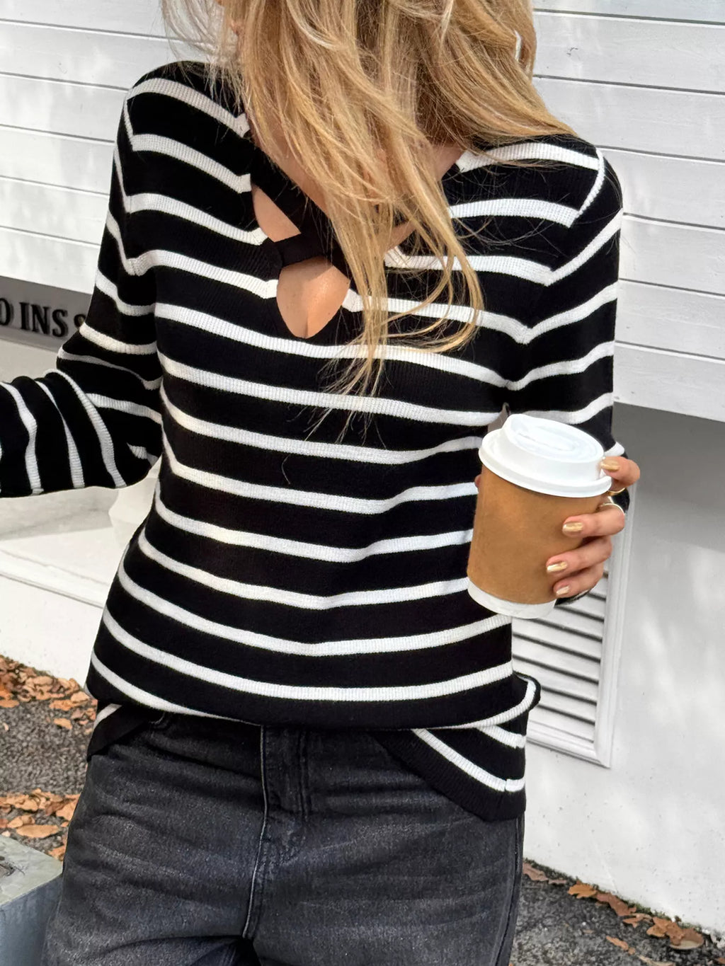 Striped Cross Front Long Sleeve Knit Top