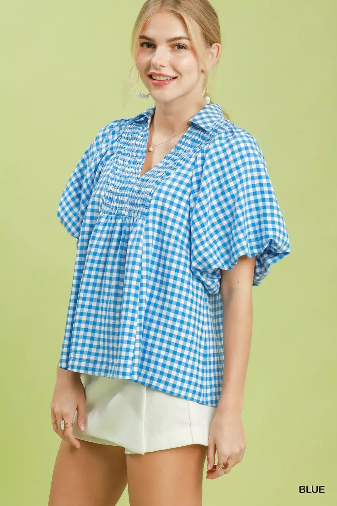 Umgee Smocked Yoke Puff Sleeve Gingham Blouse