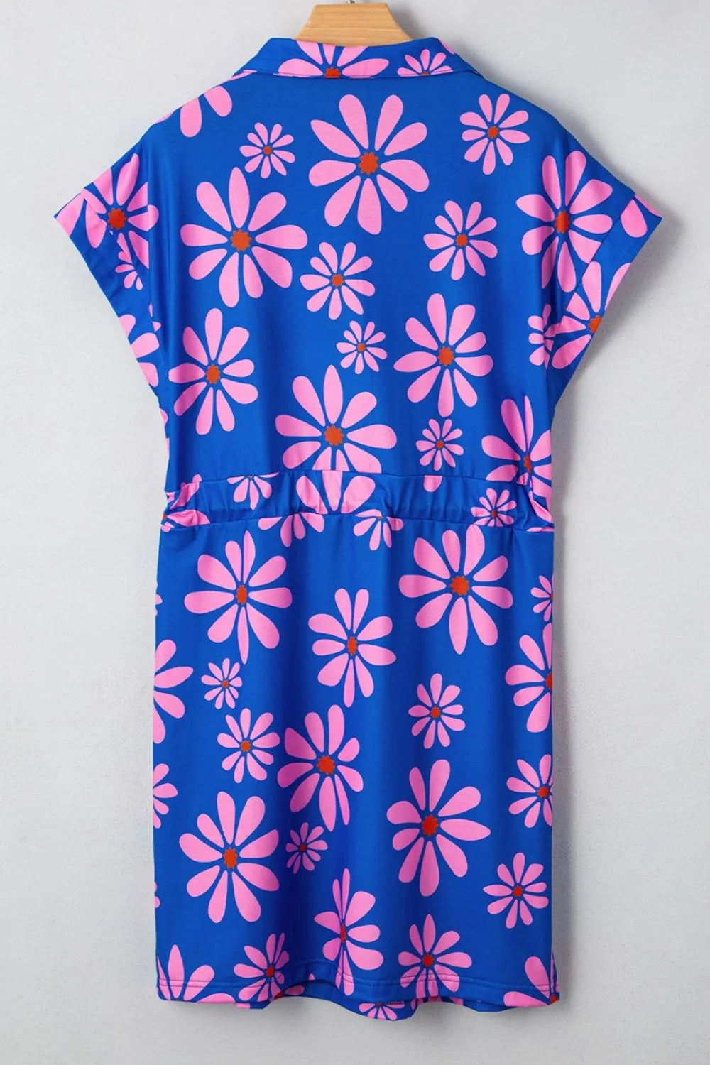 Floral Print Zip Collar Drawstring Summer Mini Dress