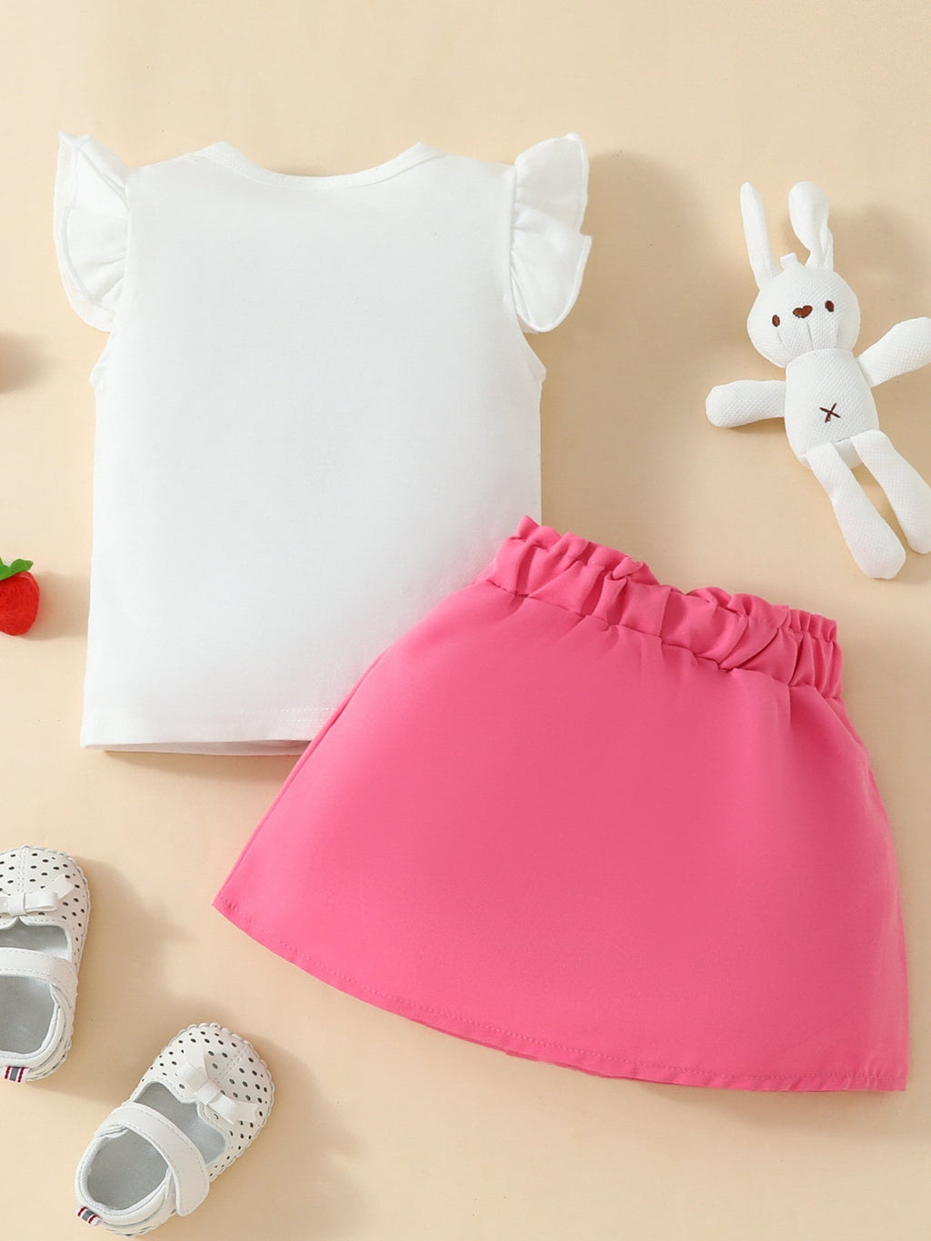 Children's Strawberry Bunny Graphic Ruffle Sleeve Top and Skirt Set