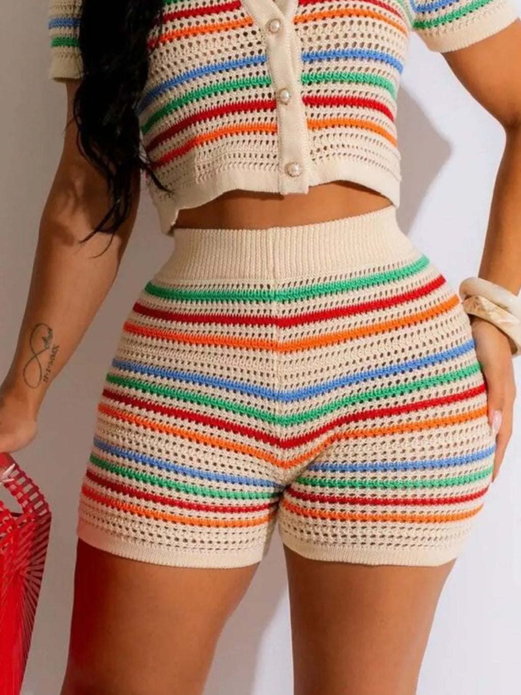 Striped Crochet Knit Cardigan and Shorts Set