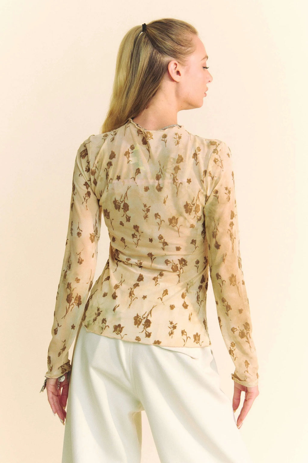 Davi & Dani Floral Mesh Long Sleeve Sheer Layering Top