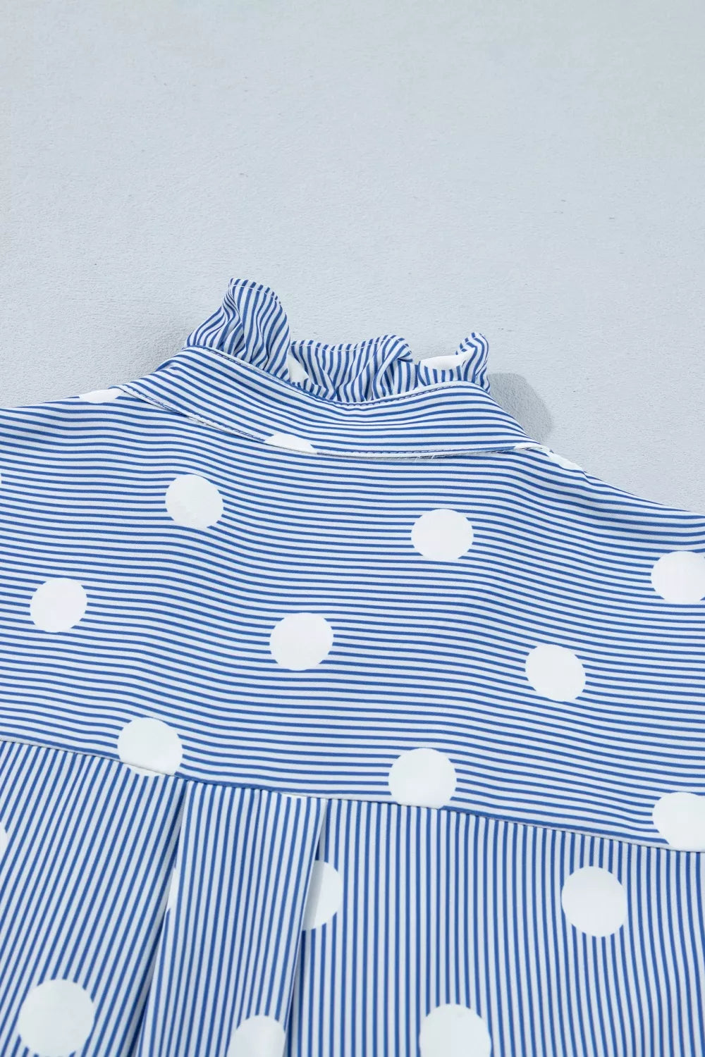Stripe Contrast Polka Dot Print Pleated Ruffle Sleeve Shirt
