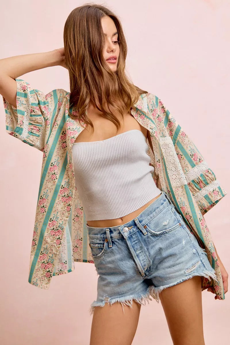 BiBi Eyelet Lace And Floral Mix And Match Shirt Top