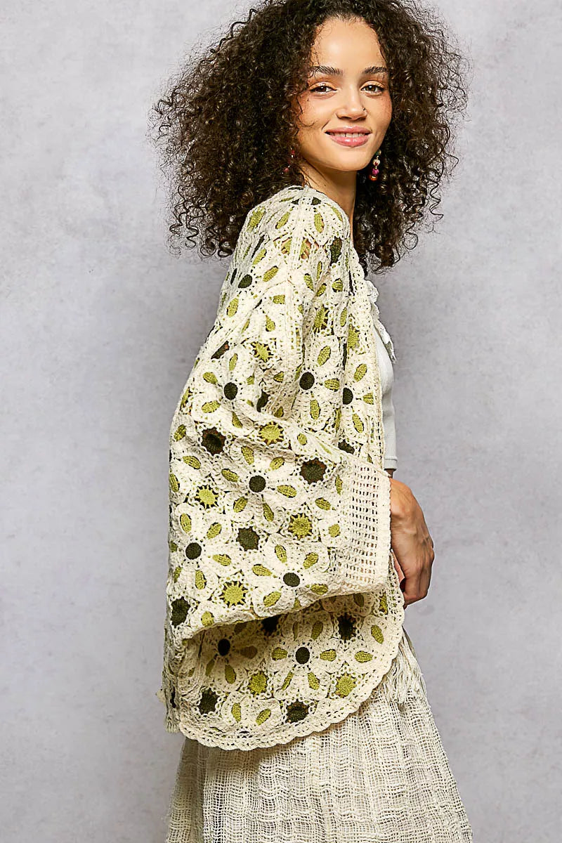POL Open Front Floral Pattern Crochet Cardigan