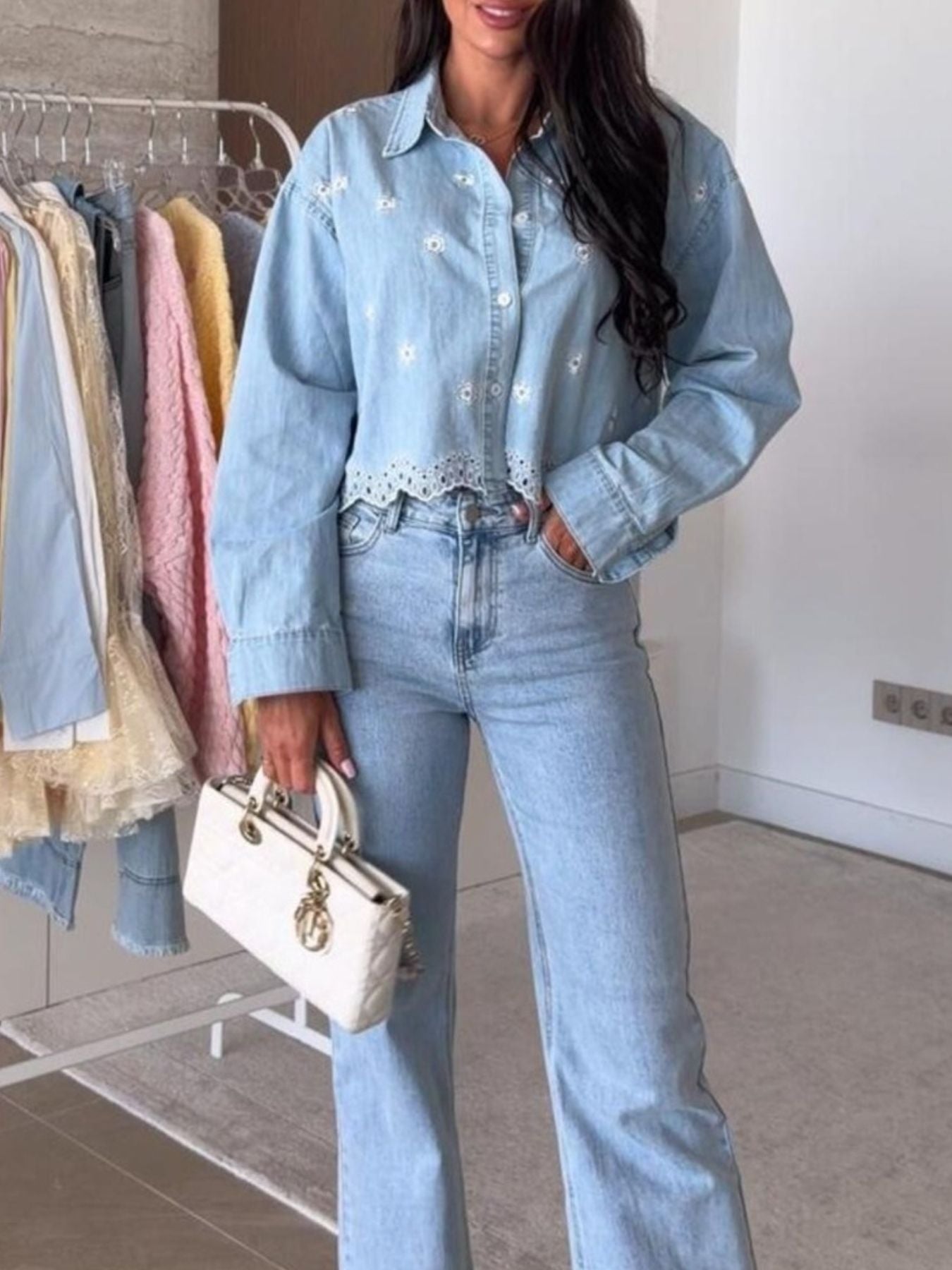 Embroidered Cropped Denim Shirt