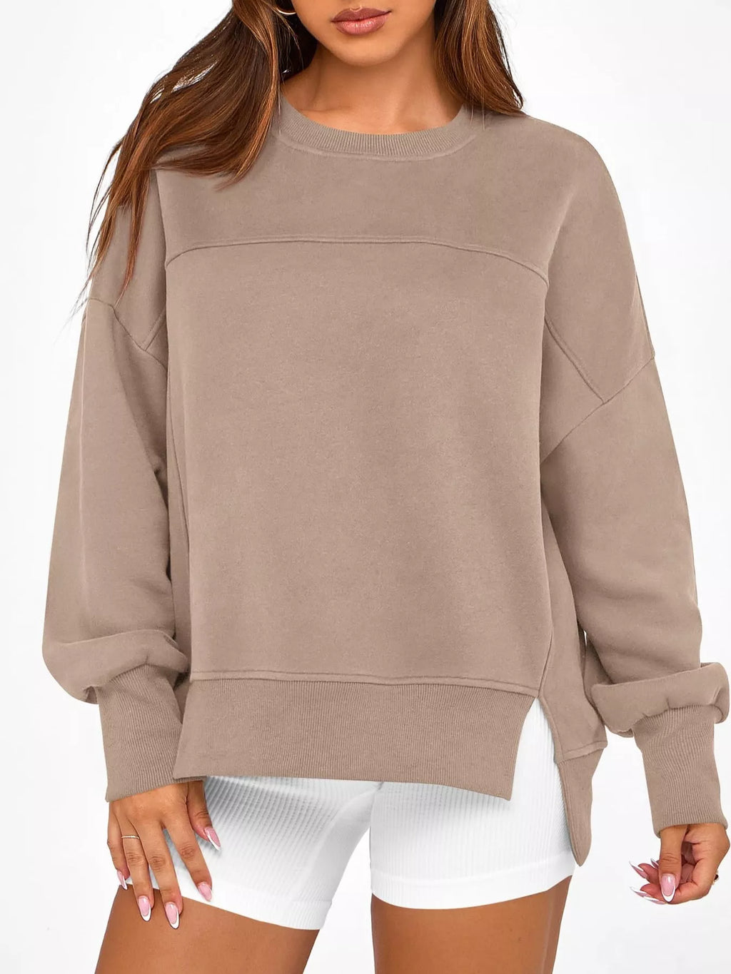 Slit Round Neck Dropped Shoulder Sweatshirt