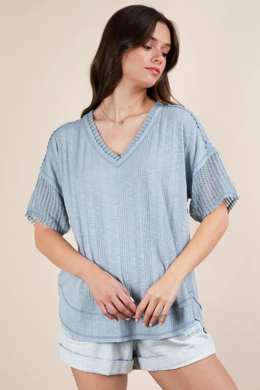 VERY J Oversized Contrast Knit Comfy Casual Top